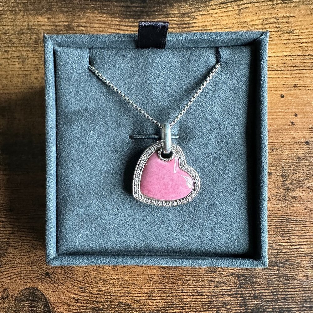 David Yurman Large Pink Heart Pendant Necklace w/ Rhodonite & White Diamonds 18"